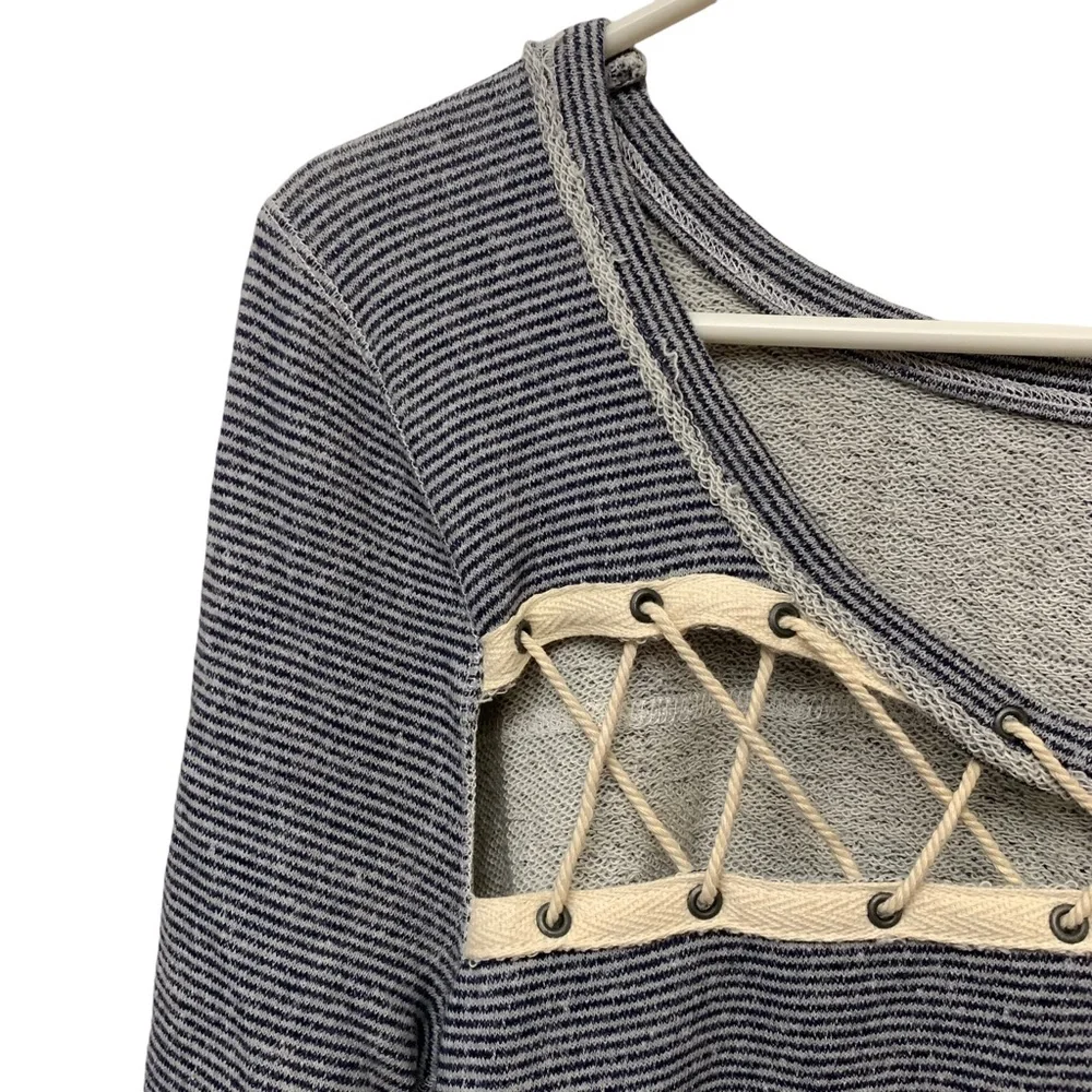 Free People Lace Up Thermal Top Boho Knit Pullover Long Sleeve Gray